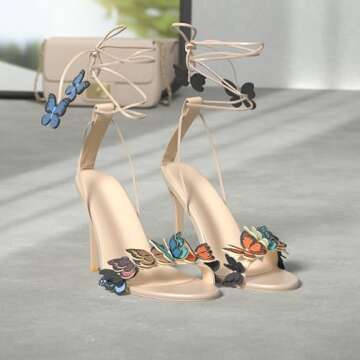 Arqa Gold Strappy Sandals for Women Butterfly Ankle Wrap Stiletto High Heels Open Toe Suede Lace-up ...