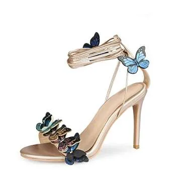 Arqa Gold Strappy Sandals for Women Butterfly Ankle Wrap Stiletto High Heels Open Toe Suede Lace-up Heeled Sandal Wedding Bride Dressy Pumps
