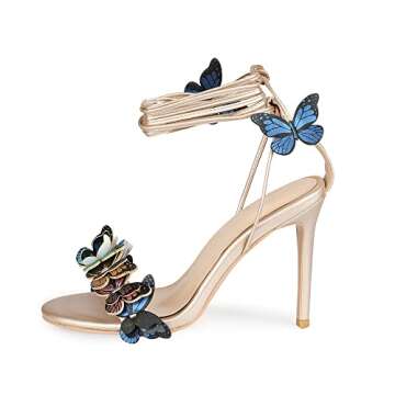 Arqa Gold Strappy Sandals for Women Butterfly Ankle Wrap Stiletto High Heels Open Toe Suede Lace-up Heeled Sandal Wedding Bride Dressy Pumps