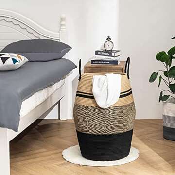 Jute Rope Laundry Hamper by YOUDENOVA, 105L - Woven Collapsible Laundry Basket - Clothes Storage Basket for Blankets organizing, Bedroom Storage, Clothes Hamper – Brown & Black