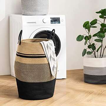 Jute Rope Laundry Hamper by YOUDENOVA, 105L - Woven Collapsible Laundry Basket - Clothes Storage Basket for Blankets organizing, Bedroom Storage, Clothes Hamper – Brown & Black
