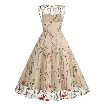 Women Keyhole Floral Embroidery Dress Sheer Mesh Illusion Vintage Cocktail Swing Dress Wedding Party Prom Tulle Evening Dress