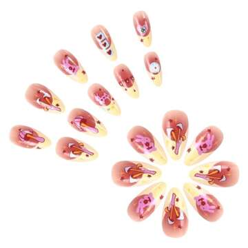 French Tip Press on Nails Medium Almond Fake Nails Kawaii RIICFDD Acrylic Nails with Mushroom Rabbit...