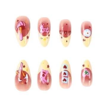 French Tip Press on Nails Medium Almond Fake Nails Kawaii RIICFDD Acrylic Nails with Mushroom Rabbit and Love Pattern Designs Full Cover Cute False Nails for Women and Girls 24 Pcs