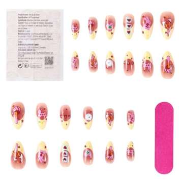 French Tip Press on Nails Medium Almond Fake Nails Kawaii RIICFDD Acrylic Nails with Mushroom Rabbit and Love Pattern Designs Full Cover Cute False Nails for Women and Girls 24 Pcs