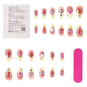 French Tip Press on Nails Medium Almond Fake Nails Kawaii RIICFDD Acrylic Nails with Mushroom Rabbit and Love Pattern Designs Full Cover Cute False Nails for Women and Girls 24 Pcs