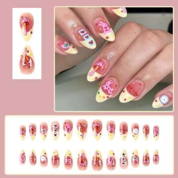 French Tip Press on Nails Medium Almond Fake Nails Kawaii RIICFDD Acrylic Nails with Mushroom Rabbit and Love Pattern Designs Full Cover Cute False Nails for Women and Girls 24 Pcs