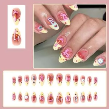 French Tip Press on Nails Medium Almond Fake Nails Kawaii RIICFDD Acrylic Nails with Mushroom Rabbit and Love Pattern Designs Full Cover Cute False Nails for Women and Girls 24 Pcs