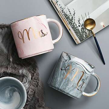 Vilight Unique Wedding and Engagement Gifts for The Couple - Mr and Mrs Mugs Bridal Shower and Housewarming Gifts for Newlywed - Marble Coffee Cups Set