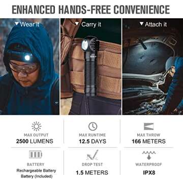 OLIGHT Perun 2 2500 Lumens Rechargeable Headlamp, Multi-Functional Right Angle MCC Waterproof Flashlight with Headband, Perfect for Night Camping, Hiking, Hunting(Black)