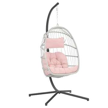 Yechen Egg Hanging Chair with Stand, Patio Wicker Pink Swing Chair Hammock Egg Chairs with UV Resist...