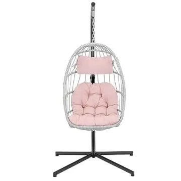 Yechen Egg Hanging Chair with Stand, Patio Wicker Pink Swing Chair Hammock Egg Chairs with UV Resistant Cushion for Indoor Bedroom Outdoor Garden Backyard