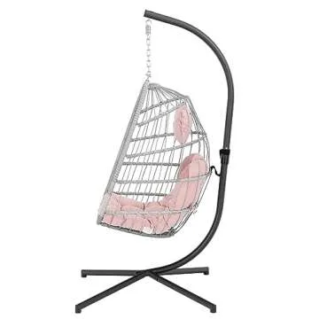 Yechen Egg Hanging Chair with Stand, Patio Wicker Pink Swing Chair Hammock Egg Chairs with UV Resistant Cushion for Indoor Bedroom Outdoor Garden Backyard