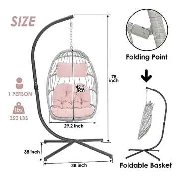 Yechen Egg Hanging Chair with Stand, Patio Wicker Pink Swing Chair Hammock Egg Chairs with UV Resistant Cushion for Indoor Bedroom Outdoor Garden Backyard