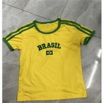 Women Y2k Nation Letter Print Baby Tee Sexy Bodycon Short Sleeve Crewneck Graphic Brazil Crop Top Vi...