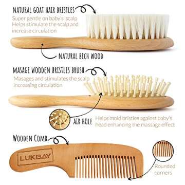 Toddler Hair Brush Comb Set-Complete Kit Baby Products Wooden Soft Bristle Brush Wooden Comb Baby Cradle Cap Silicone Brush Bath Boy Girl Grooming Kit Ideal for Newborn Babies Infant Baby Shower Kids