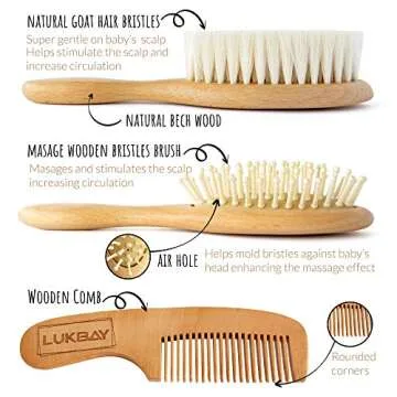 Toddler Hair Brush Comb Set-Complete Kit Baby Products Wooden Soft Bristle Brush Wooden Comb Baby Cradle Cap Silicone Brush Bath Boy Girl Grooming Kit Ideal for Newborn Babies Infant Baby Shower Kids