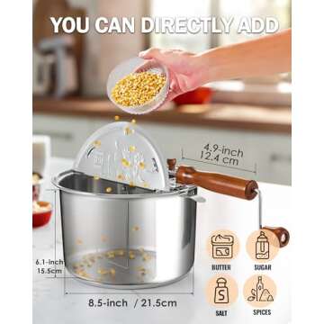 Cook N Home Stovetop Popcorn Popper with Crank, 6 Quart Stainless Steel Popcorn Pot, Silver