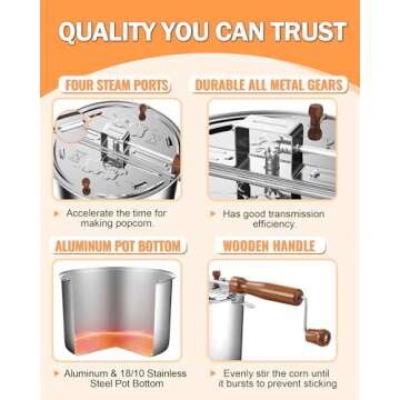 Cook N Home Stovetop Popcorn Popper with Crank, 6 Quart Stainless Steel Popcorn Pot, Silver