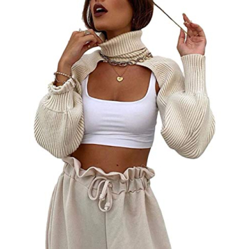 UANEO Women's Super Cropped Sweater Turtleneck Long Sleeve Bolero Shrug - Versatile Style in Beige (...