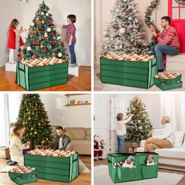BROSYDA Christmas Ornament Storage Box, Ornament Organizer with 8 Removable Trays and Adjustable Dividers Holds 128 Pcs Decoration Balls, Dual Zipper for Christmas Ornament Storage (Green)