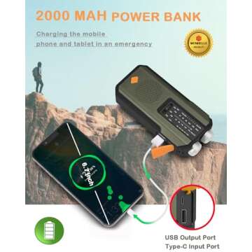 Emergency Hand Crank Radio with 3 LED Flashlight, AM/FM/NOAA Portable Weather Radio with Phone Charger, Solar Powered USB Charged Radio for Indoor Outdoor Camping, SOS Alarm (WB01 Green)