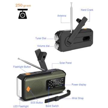 Emergency Hand Crank Radio with 3 LED Flashlight, AM/FM/NOAA Portable Weather Radio with Phone Charger, Solar Powered USB Charged Radio for Indoor Outdoor Camping, SOS Alarm (WB01 Green)