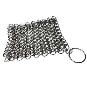 Mythrojan Cast Iron Cleaner, 3.9 Inches Rectangle Chainmail Scrubber with Hanging Ring Dishcloth Stainless Steel Chainmail Scrubber for Skillet, Wok, Pan & Pots Cleaner