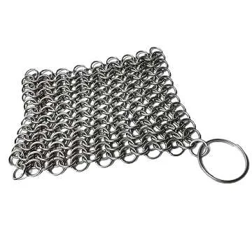 Mythrojan Cast Iron Cleaner, 3.9 Inches Rectangle Chainmail Scrubber with Hanging Ring Dishcloth Stainless Steel Chainmail Scrubber for Skillet, Wok, Pan & Pots Cleaner