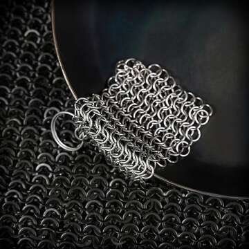 Mythrojan Cast Iron Cleaner, 3.9 Inches Rectangle Chainmail Scrubber with Hanging Ring Dishcloth Stainless Steel Chainmail Scrubber for Skillet, Wok, Pan & Pots Cleaner