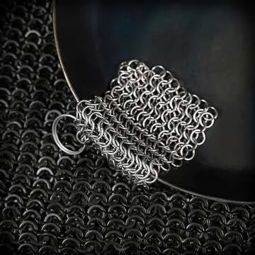 Mythrojan Cast Iron Cleaner, 3.9 Inches Rectangle Chainmail Scrubber with Hanging Ring Dishcloth Stainless Steel Chainmail Scrubber for Skillet, Wok, Pan & Pots Cleaner