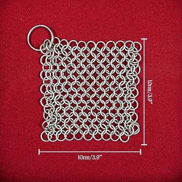 Mythrojan Cast Iron Cleaner, 3.9 Inches Rectangle Chainmail Scrubber with Hanging Ring Dishcloth Stainless Steel Chainmail Scrubber for Skillet, Wok, Pan & Pots Cleaner
