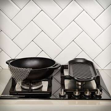 Mythrojan Cast Iron Cleaner, 3.9 Inches Rectangle Chainmail Scrubber with Hanging Ring Dishcloth Stainless Steel Chainmail Scrubber for Skillet, Wok, Pan & Pots Cleaner