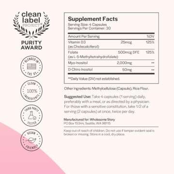 Myo-Inositol & D-Chiro Inositol Capsules with MTHF, Folate, Vitamin D| Support for Ovarian Function,...
