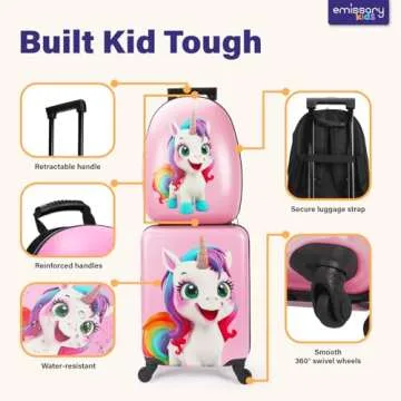 emissary Kids Luggage With Wheels For Girls, Unicorn Kids Luggage Set, Childrens Luggage For Girls With Wheels, Kids Suitcases With Wheels For Girls, Toddler Suitcase For Girls, Travel Luggage For Kid