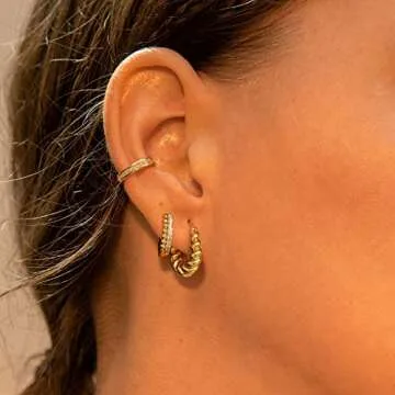 Mevecco Gold Chunky Twist Huggie Hoop Earrings 14K Gold Plated Dainty Thick Twist Ear Cute Small Sleeper Mini Huggie Earring Tiny Minimalist Wide Hoop Earrings for Women