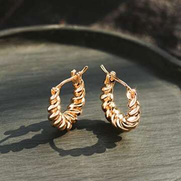 Mevecco Gold Chunky Twist Huggie Hoop Earrings 14K Gold Plated Dainty Thick Twist Ear Cute Small Sleeper Mini Huggie Earring Tiny Minimalist Wide Hoop Earrings for Women