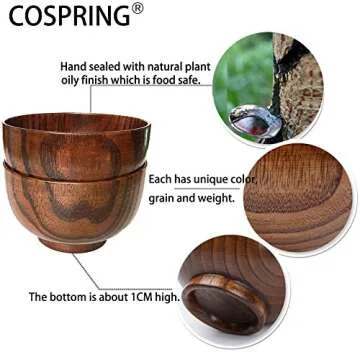 Cospring 4PCS Handmade Wood Bowls - Miso Soup, Rice, Snacks