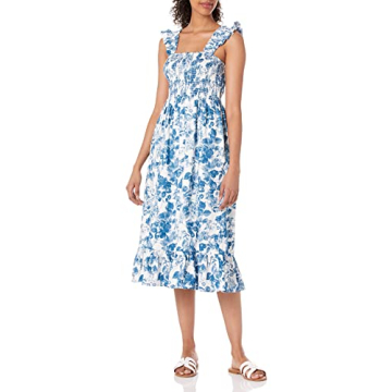 The Drop Women's Kimi Ruffled Shoulder Smocked Midi Dress, Blue Floral, L