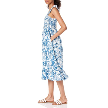 The Drop Women's Kimi Ruffled Shoulder Smocked Midi Dress, Blue Floral, L