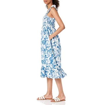 The Drop Women's Kimi Ruffled Shoulder Smocked Midi Dress, Blue Floral, L