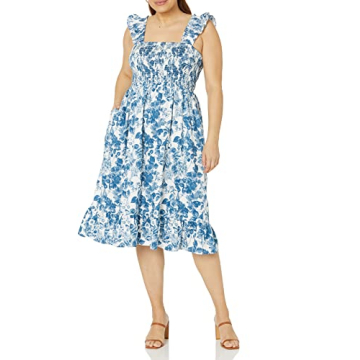 The Drop Women's Kimi Ruffled Shoulder Smocked Midi Dress, Blue Floral, L