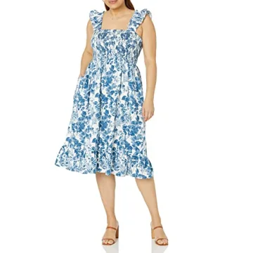 The Drop Women's Kimi Ruffled Shoulder Smocked Midi Dress, Blue Floral, L