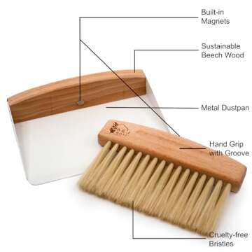 A&J Koti Table Crumb Sweeper - Small Mini Metal Dustpan and Hand Brush Combo Set - Wood Crumber for Servers, Restaurants, Home and Kitchen - Crumb Cleaning Set