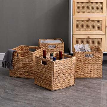 JGJCYO9 Storage Baskets Wicker Cube Baskets Foldable Handwoven Water Hyacinth Laundry Organizer,Cube Storage Baskets,Set of 4 pcs Baskets-11x11x11inch