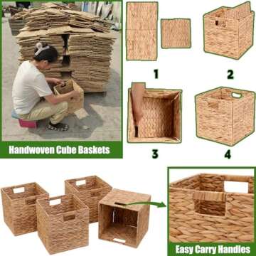 JGJCYO9 Storage Baskets Wicker Cube Baskets Foldable Handwoven Water Hyacinth Laundry Organizer,Cube Storage Baskets,Set of 4 pcs Baskets-11x11x11inch
