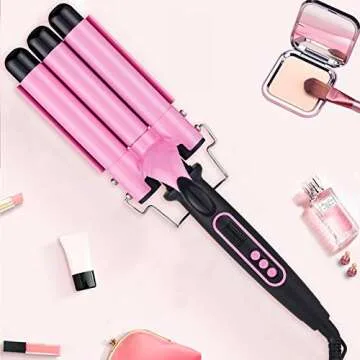 Hair Curling 3 Barrel Hair Curling Irons ，with LCD Temperature Display, Dual Voltage Crimp Temperature Adjustable Portable (Pink).