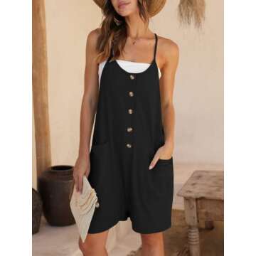 DEEP SELF Black Rompers for Women Cotton Linen Casual Loose Short Overalls Adjustable Spaghetti Straps Shorts Jumpsuit