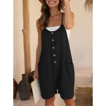 DEEP SELF Black Rompers for Women Cotton Linen Casual Loose Short Overalls Adjustable Spaghetti Straps Shorts Jumpsuit