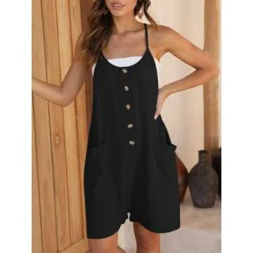 DEEP SELF Black Rompers for Women Cotton Linen Casual Loose Short Overalls Adjustable Spaghetti Straps Shorts Jumpsuit